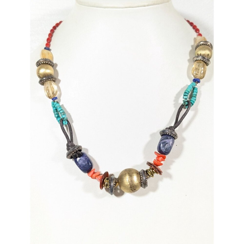 Coldwater Creek Boho Tribal Faux Turquoise Red Gold Tone Chunky Bead Necklace 20